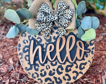Hello Door Hanger / Cheetah Print / Hello / Cheetah / Door Hanger / Front Door Wreath / Hand Painted / Round Door Hanger / Housewarming Gift