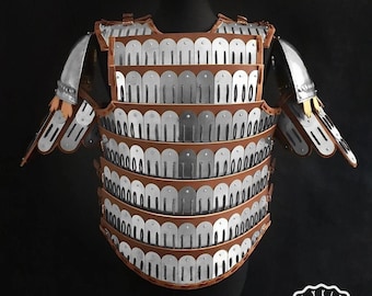 May include: A silver and brown leather lamellar armor with a Lykia Armour logo on the bottom.