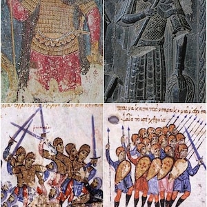 Puede incluir: Un collage de cuatro im&aacute;genes que representan soldados bizantinos en varias poses. La imagen superior izquierda muestra a un soldado con una t&uacute;nica de cota de malla y sosteniendo una lanza. La imagen superior derecha muestra a un soldado con una t&uacute;nica de cota de malla y sosteniendo una espada. La imagen inferior izquierda muestra a un grupo de soldados luchando con espadas. La imagen inferior derecha muestra a un grupo de soldados de pie en formaci&oacute;n con lanzas.