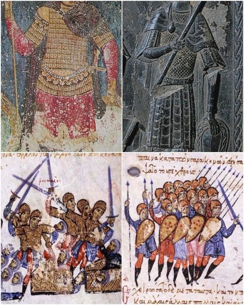 Puede incluir: Un collage de cuatro im&aacute;genes que representan soldados bizantinos en varias poses. La imagen superior izquierda muestra a un soldado con una t&uacute;nica de cota de malla y sosteniendo una lanza. La imagen superior derecha muestra a un soldado con una t&uacute;nica de cota de malla y sosteniendo una espada. La imagen inferior izquierda muestra a un grupo de soldados luchando con espadas. La imagen inferior derecha muestra a un grupo de soldados de pie en formaci&oacute;n con lanzas.