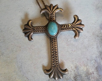 Vintage Southwestern sterling silver and turquoise cross necklace - December birthstone