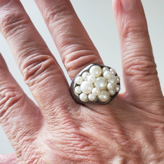 Vintage sterling silver pearl ring - Size 10.5 - … - image 1