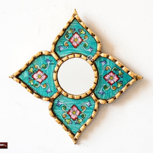 Peruvian Small Turquoise mirror for wall art room decoration | Handmade diamond gold leaf mirror | gifts for home Ships from USA/ Canada