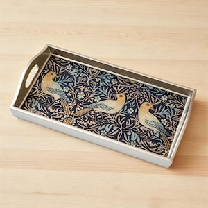 Hostess Gift – Hand-Painted Glass Tray with Birds – Small Silver Serving Tray with Handles– Peruvian rectangle tray  – Ships from USA
