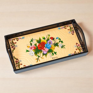 Hostess Gift – Small Decorative Serving Tray with Painted Glass Floral – Peruvian Tray with Handles for Coffee – Ships from USA