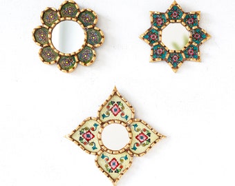 Peruvian Small Accent Wall Mirror set of 3 | Decorative Vintage mirrors of 6in for wall decoration | Wall Hangings Mirrors with bronze leaf