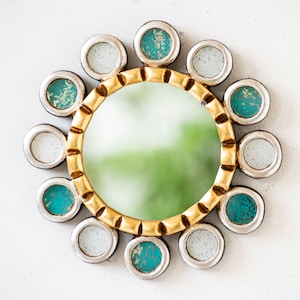 Peruvian Turquoise wall mirror 7.7&quot; for room decor | Handmade Round Gold & Silver mirror wall decorations, office decor | gifts for her, mom