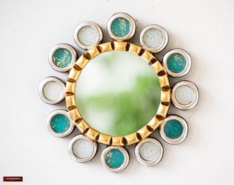 Peruvian Turquoise wall mirror 7.7" for room decor | Handmade Round Gold & Silver mirror wall decorations, office decor | gifts for her, mom