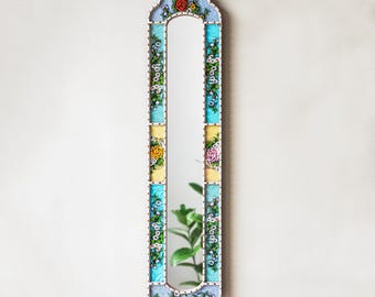 Handmade Long Skinny Mirror Wall Decor – Narrow Rectangular Wall Mirror 35.4" – Home Decor Art – Peruvian Painted Glass - Turquoise Mirror