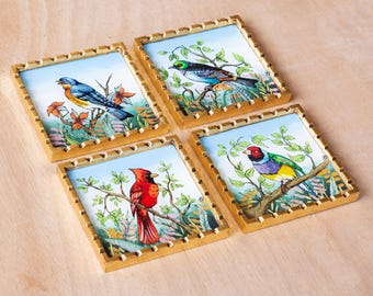Unique Hand-Painted Glass Coasters Set of 4 – Nature-Inspired Drinkware Gift for Her, Wedding Gift, Housewarming Gift, Handmade in Peru