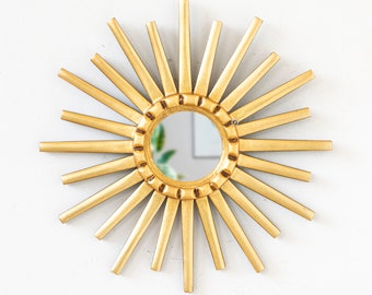 Decorative Gold Round Wall mirror 11.8" for Home Decor | Peruvian Bronze Leaf Wood Wall Hanging mirror | Handmade Unique gifts for mom