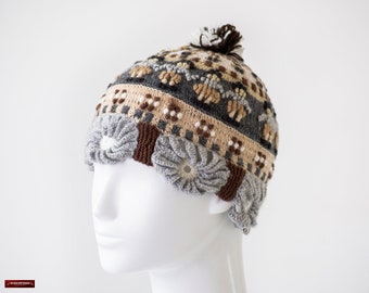 Peruvian Fine alpaca hat for ladies | Women's Handwoven Beanie for winter | Flowers Designs | Winter Alpaca Wool  hat | Christmas Gifts her