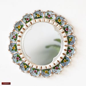 Handmade Blue Floral Wall Mirror - Peruvian Reverse Glass Art - Round Decorative Mirror Wall Decor - Unique Home Decor - Statement Mirror