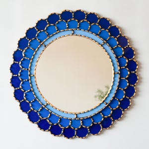 Blue Decorative Mirror Wall Decor - Handmade Peruvian Art Deco Mirror - Large Round Wall Mirror - Statement Mirror - Mosaic Accent Mirror