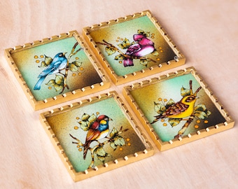 Handmade Bird Coasters Set of 4 with Bronze leaf Finish – Peruvian Painted Glass Coasters for Drinks – Housewarming Gift - Unique Gifts