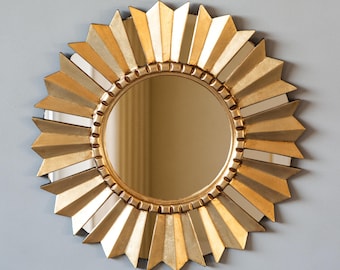 Handmade Gold Sunburst Mirror 17.7" | Round Wall Mirror With Bronze Leaf Finish | Artisan Peruvian Mirrors for Living Room, Entryway