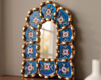 Small Arched Glass Mirror 6" - Vibrant Hand-Painted Floral Modern Eclectic Mirror - Unique Birthday Gift for Her | USA No Duties