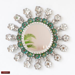 Peruvian Accent Sunburst Mirror 17.7&quot; for wall art decor | Handmade Round Silver Leaf Wall mirror | christmas gifts | holiday home decor