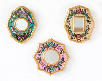 Small Accent Wall Mirror 4" set of 3 for wall decor from Peru | Unique Gift Mirrors for her, moon, mothers | Wall Hangings mini Mirror decor
