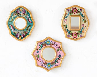 Small Accent Wall Mirror 4" set of 3 for wall decor from Peru | Unique Gift Mirrors for her, moon, mothers | Wall Hangings mini Mirror decor