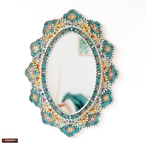Peruvian large oval mirror for wall art | Turquoise Accent Oval Mirror on the wall | Painted glass Hanging Wall mirror for living room decor