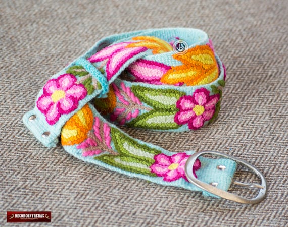 Inka Traditions Peru‎ 100% Sheep Wool Floral Embroidered Boho Belt Turquoise Inka Traditions Peru‎ 100% Sheep Wool Floral Embroidered  main image 4