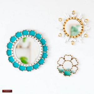 Peruvian Wall hanging round Mirror set 3 for home decor | Modern Turquoise & white mirror set for living room, bedroom | birthday home gift