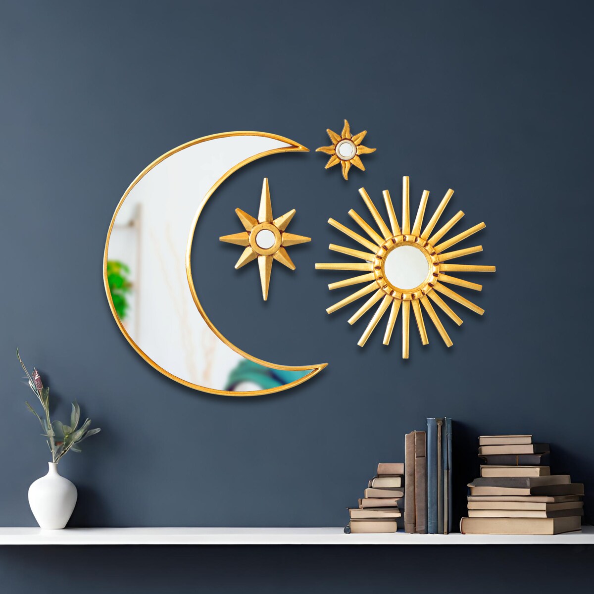 Decorative Accent Wall Mirror Set of 4 Peruvian Bronze Leaf Wood Wall Hanging Mirror in a Moon and Sun Shape for Wall Decor Unique Gifts - Etsy