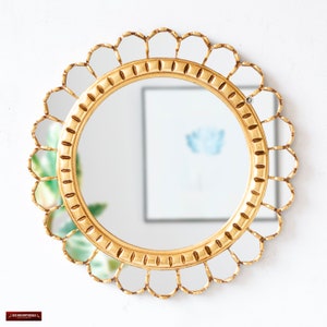 Handmade Decorative Gold Round Mirror 17.7&quot; for Wall decor | Accent Circle Golden Leaf Wall art Mirror | Peruvian Unique gifts for the home
