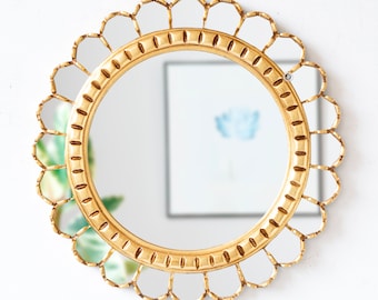 Handmade Decorative Gold Round Mirror 17.7" for Wall decor | Accent Circle Golden Leaf Wall art Mirror | Peruvian Unique gifts for the home