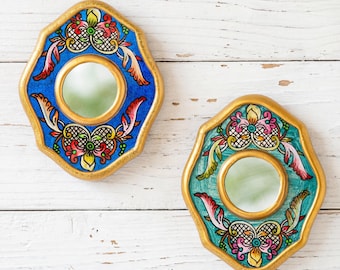 Mini Oval Mirror 4" | Peruvian Hand-Painted Glass Wall Decor | Colonial Cottagecore Gifts | Glitter Edge Accent Mirror | Ships from USA