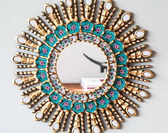 Handmade Peruvian Gold Sunburst Mirror - Round Wall Mirror with Hand-Painted Glass - Unique Home Decor & Accent Mirror - Housewarming Gift