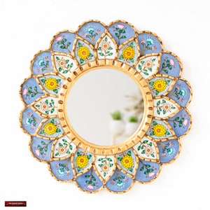 Peruvian Accent Round Mirror 17.7&quot; for Wall home decor | Wall Hanging Mandala Mirror with Hand-Painted Glass | Decorative Mirror gifts