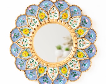 Miroir rond péruvien pour la décoration intérieure - Miroir mandala suspendu mural avec verre peint à la main - Cadeaux pour elle, Yogis