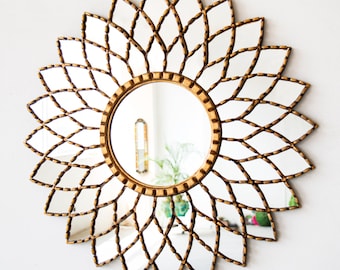 Round Gold Sunburst Wall Mirror 23.6" from Peru – Handmade Decorative Mirror with Bronze Leaf Finish for Living Room, Bedroom, Entryway