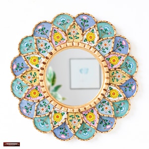 Peruvian Wall Hanging Mandala Mirror with Hand-Painted Glass | Accent Circle Mirror 17.7&quot; for Wall home decor | Decorative Modern Mirror