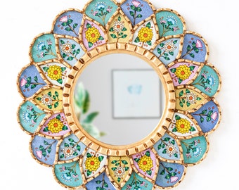 Peruvian Wall Hanging Mandala Mirror with Hand-Painted Glass | Accent Circle Mirror 17.7" for Wall home decor | Decorative Modern Mirror