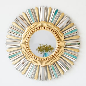 Peruvian Gold Round mirror 25.6&quot; for wall home christmas decor | Decorative Sunburst mirror on the wall art | Handmade mirror living room