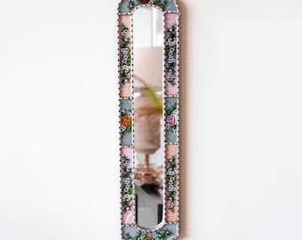 Handmade Long Narrow Mirror | Peruvian Floral Skinny Mirror Wall Decor | Accent Mirror for Bedroom or Living Room | Housewarming Gift