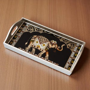 Hand Painted Glass Tray with Elephant – Boho Decorative Tray with Handles – Handmade Serving Tray - Coffee Table Tray – Ships from USA