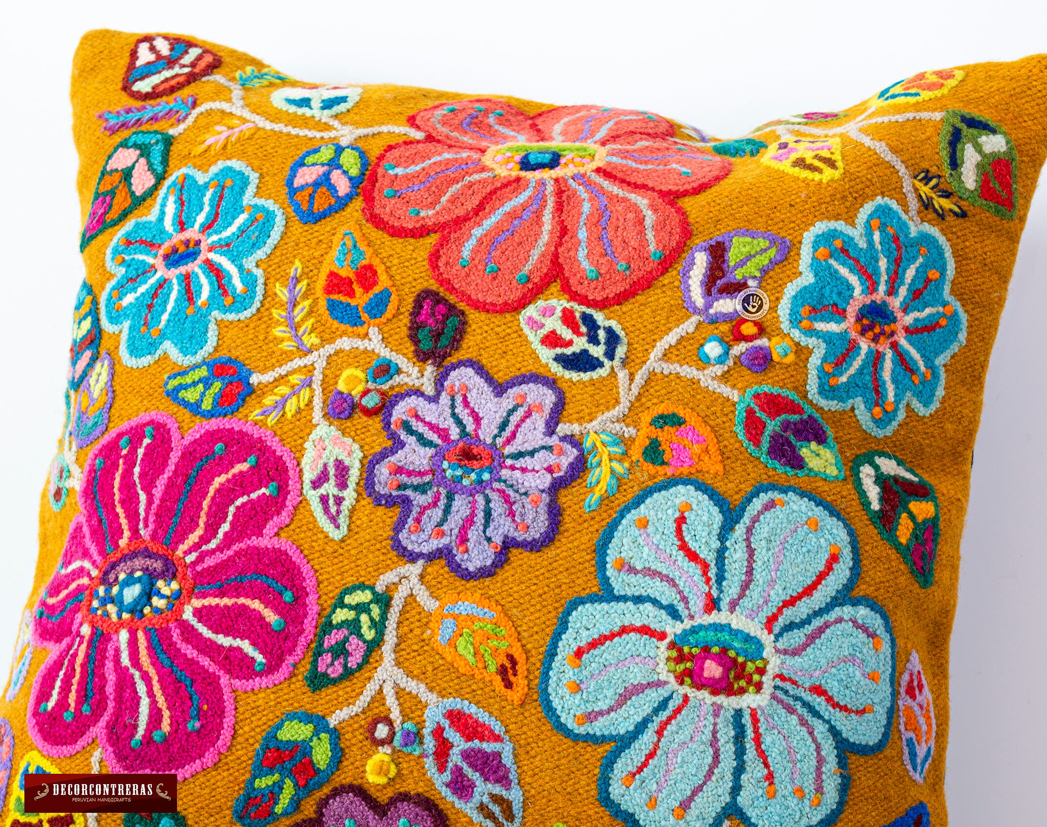 Peruvian Pillow Cover 18x18 Handmade Embroidered Wool Pillow Cover