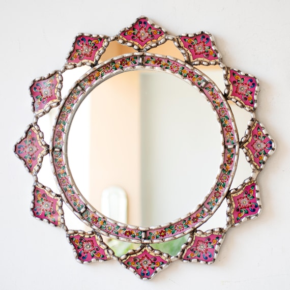 Handmade Pink Peruvian Round Wall Mirror 17.7in | Decorative Hand-Painted Glass Mirror | Perfect Gift for Girls' Room | Vintage wall decor