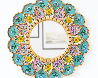 Miroir rond péruvien pour la décoration intérieure - Miroir mandala suspendu mural avec verre peint à la main - Cadeaux pour elle, Yogis