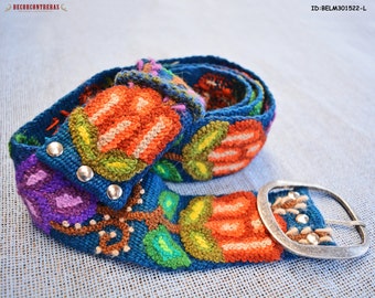 womens belts Size Large "Blue Floral" - gift for women - embroidered belt Wool flowers - Colorful wool belt - Waist belt - Peru belts