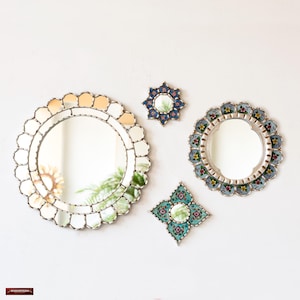 Decorative Mirrors set of 4 for wall decor from Peru | Wall Hangings Round Wood Mirror for housewarming gift | Unique gift for new home