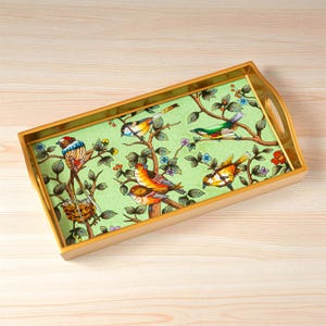 Small Serving Tray with Bird Design – Kitchen Decor Gift for Cook – Peruvian Hand painted Glass Tray with handles – Ships from USA