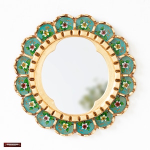 Decorative Turquoise mirror 12.2&quot; for Wall Decor | Peruvian Painting on glass Wall hangings mirror wall art | valentines day gift for her
