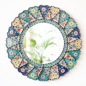 Decorative Multicolor Round Mirror 23.6&quot; for wall decor | Peruvian Accent Painting on glass Wall Mirror living room | Handmade gift for her