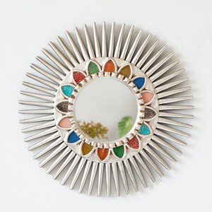 Peruvian Silver Round mirror 25.6&quot; for wall home christmas decor | Decorative Sunburst mirror on the wall art | Handmade mirror living room