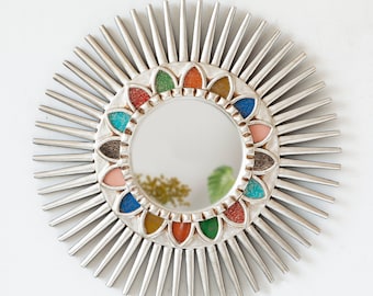 Peruvian Silver Round mirror 25.6" for wall home christmas decor | Decorative Sunburst mirror on the wall art | Handmade mirror living room